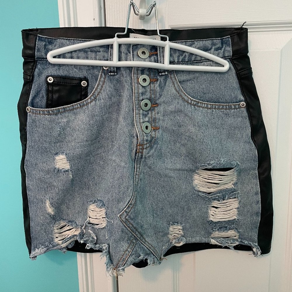 Half Jean Half Leather Mini Skirt